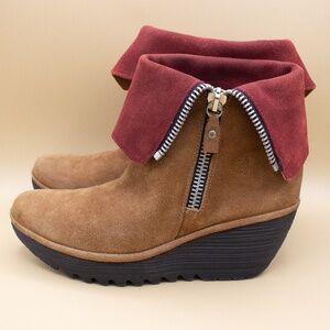 Fly London Yex Brown Red Suede Fold Over Wedge Ankle Boots Women's Size 10 EU 41